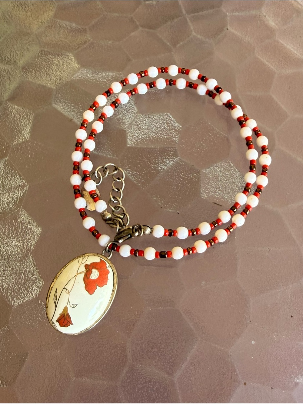 Beaded Necklacd with Ceramic Floral Pendant